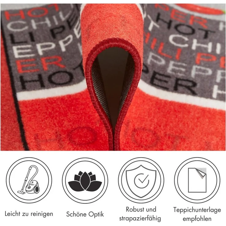 Teppichläufer Küchenläufer Chilidesign Chililäufer Küchenteppich – Wohnzimmer Eingangsbereich Flur Küche – Hot & Spicy - gekettelt strapazierfähig pflegeleicht – 67x200 cm rot – Bild 3