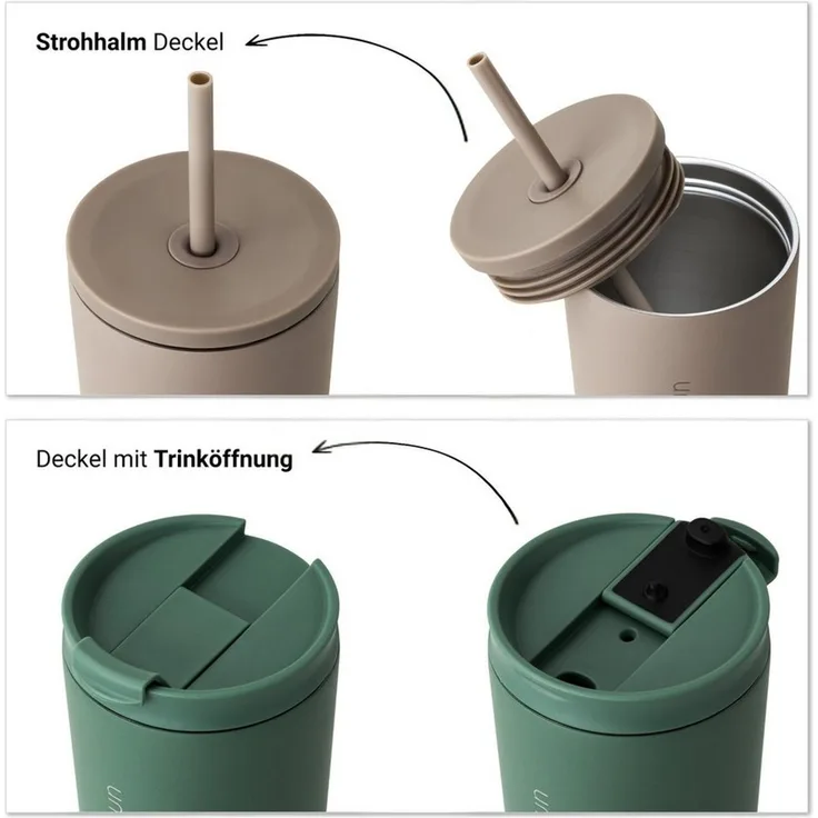 Vinsun Thermobecher Edelstahl Becher mit Strohhalm 480ml - Isolierbecher auslaufsicher, 4-tlg, Edelstahl, Doppelwandig isoliert, BPA frei, bruchfest, Kalt- und Heißgetränke