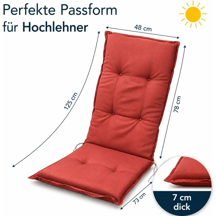 BURI 4x Hochlehner Auflage 117x49x6 cm - wetterfeste Gartenstuhlauflage mit Schaumkern & Vollvlies, Halteband & Bindebänder, bequemes Stuhlpolster für Balkon, Terrasse & Garten (Rot) – Bild 2