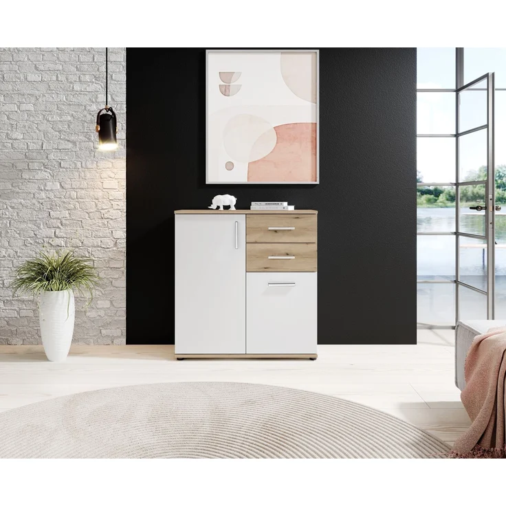 Kommode >BC 1040< 2 Türen, 2 Schubladen, eiche rustica Dekor / weiß - 80x84x35cm (BxHxT) – Bild 4