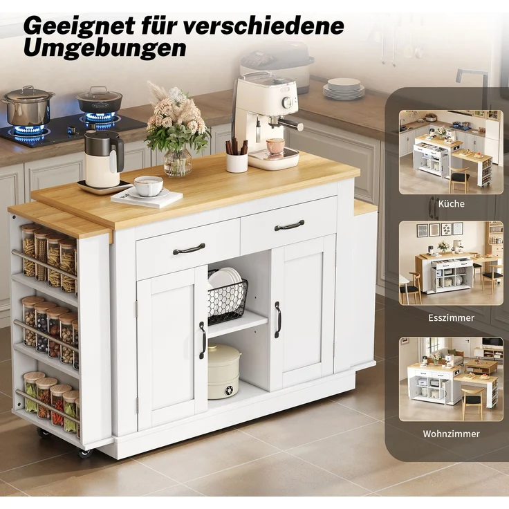 Merax 340cm Kücheninsel mit zwei ausziehbaren Arbeitsflächen,stilvolle mobile Insel,verstellbare Regalböden,2x220V-Steckdosen,2xUSB-Anschlüsse, Weiß – Bild 6
