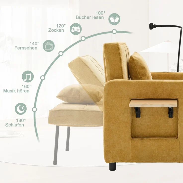 LVHOM Multifunktionaler Schlafsessel mit klappbarer Ablage, Ausziehbares 1-Sitzer Schlafsofa mit Handyhalter und Seitentaschen, Loungesessel, Gelb – Bild 5