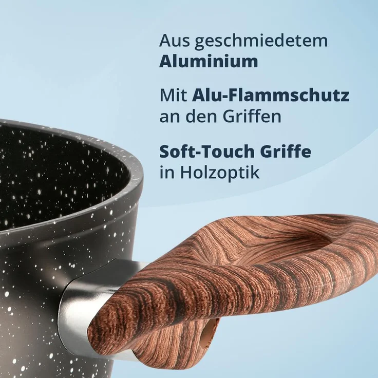 KHG Topfset 7-teilig aus geschmiedetem Aluminium in Marmoroptik mit ergonomischen Griffen in Holzoptik | 3 Glasdeckel | Kochgeschirr Topf- und Pfannenset induktionsgeeignet | Antihaftbeschichtung… – Bild 3