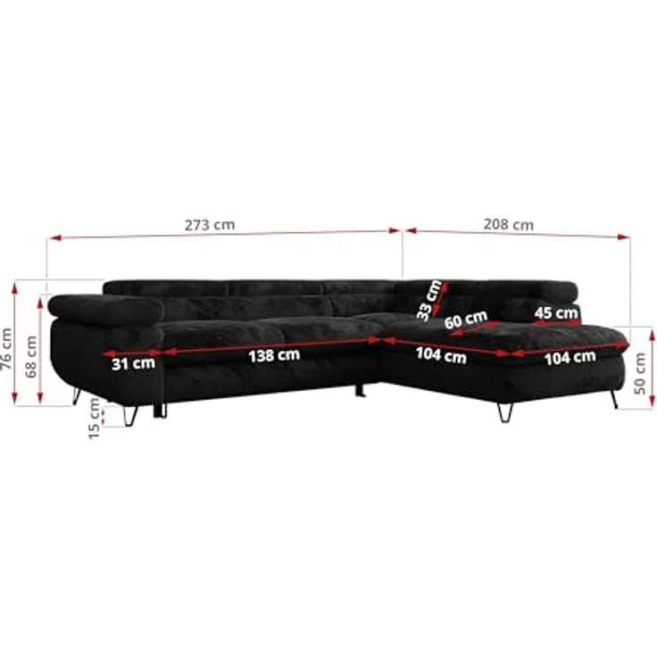 Ecksofa mit Bettfunktion, Modern Sofa, L-form, Einstellbare Kopfstützen, Bettkasten - PETER - Dunkelgrau Plüsch - rechts – Bild 4