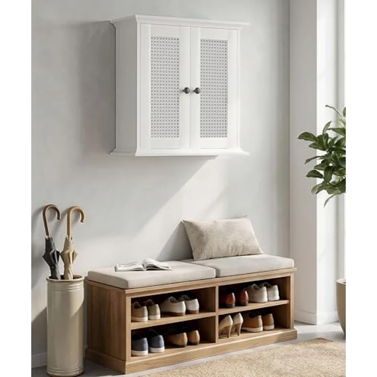 Yorbay Hängeschrank Badezimmerschrank mit Rattanfront (57 x 60 x 22 cm) Weißer Wandschrank mit Doppeltüren & verstellbarem Einlegeboden – Bild 9