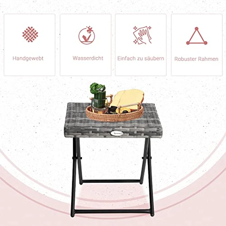Outsunny Polyrattan Beistelltisch Gartentisch klappbar Couchtisch Gartenmöbel Falttisch Metall Grau 40 x 40 x 40 cm – Bild 6