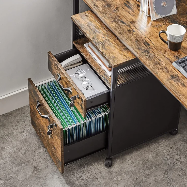 Vasagle Rollcontainer abschließbar mit Schubladen, Holzspan, Stahlgestell, Vintagebraun-Schwarz, 44 x 42 x 69 cm – Bild 6