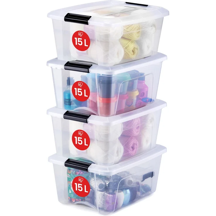 Iris Ohyama, Aufbewahrungsboxen mit Deckel, Kunststoffboxen, Plastikbox, Box mit Deckel, 15L, 4er-Set, Transparent, Verschlussclips, Stapelbar, Organisation, BPA-frei, Plastikboxen, Kisten, NTB-15
