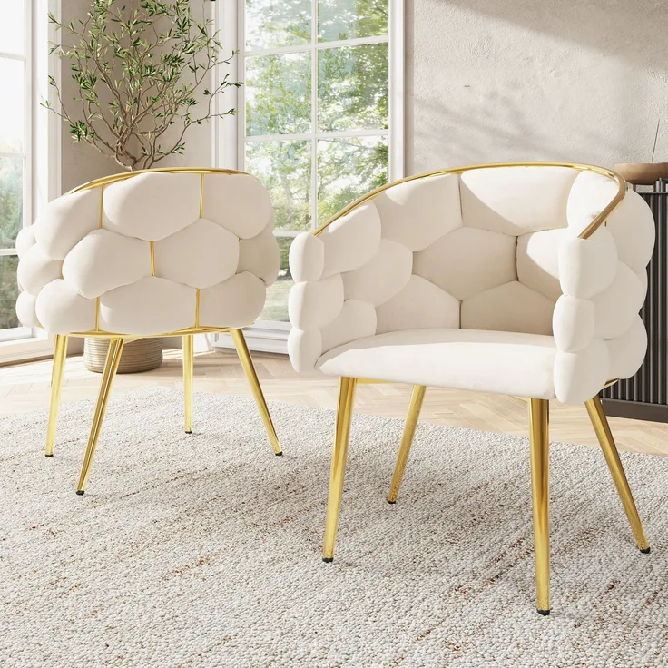 2 Samtstühle Set, 44x41x74 cm, Beige mit vergoldeten Beinen, Bubble Design
