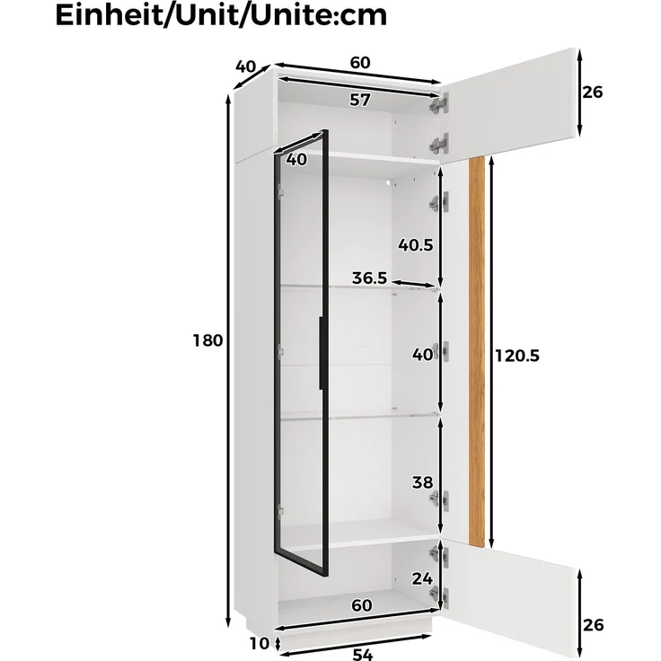 Vitrinenschrank 60x40x180 cm in Weiß, mit Glastür, App-LED und Hochglanzfronten – Bild 5