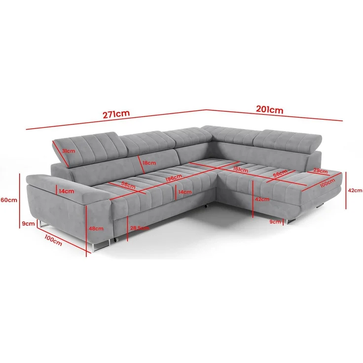 Ecksofa BENET L-Form Sofa mit Schlaffunktion und Bettkasten, verstellbare Kopfstützen, Sofa fürs Wohnzimmer- Monolith 85, 80 x 201 x 271 cm – Bild 2