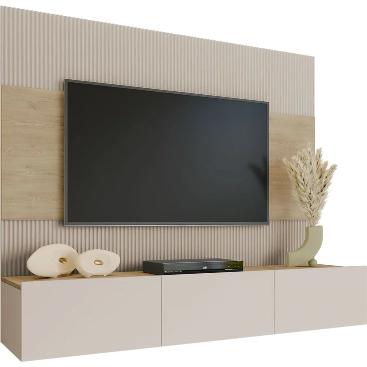 Wohnwand Deromi III, Griffloses Öffnungssystem (Farbe: Sandbeige + Eiche Cremona) – Bild 3