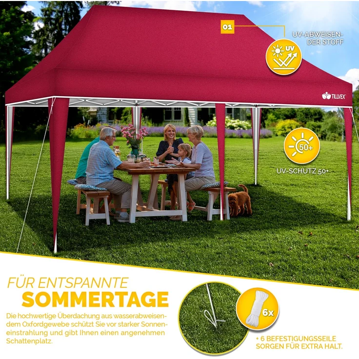 tillvex Pavillon 3x6m Rot wasserdicht | Pop-Up Faltpavillon höhenverstellbar | Gartenzelt UV Schutz 50+ | Partyzelt mit Tasche für Garten – Bild 7