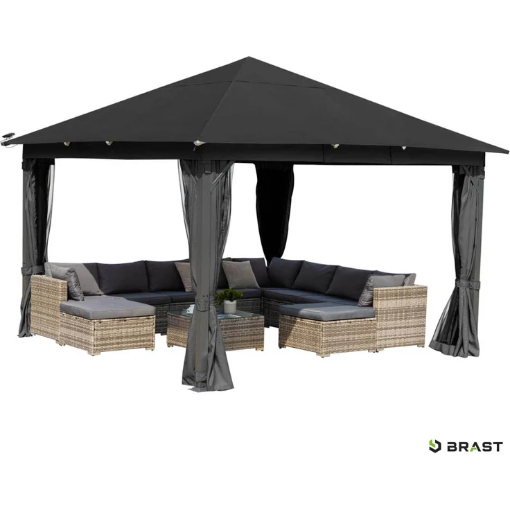 BRAST 'Infinity' Pavillon inkl. Moskitonetz und LED-Beleuchtung, wasserdicht, stabil, UV-Schutz, Aluminium, Grau, 4x4 m, mit Beleuchtung – Bild 7