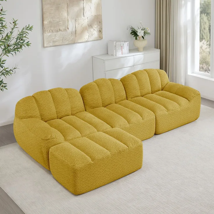 EINHOM 3-Sitzer L-förmiges Modulares Sofa mit 1 Ottoman, Boneless Sofa aus 32D Hochdichtschaum, tiefe Sitzfläche, ideal für Wohnzimmer, weicher Stoff, Gelb