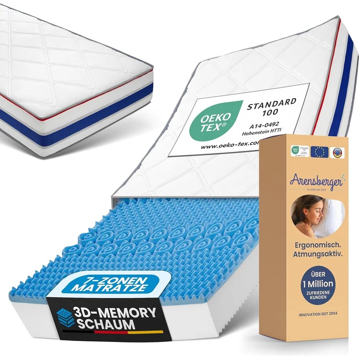 Arensberger ® 'RELAXX' Gel-Matratze mit 3D-Memory Schaum, Härtegrad H2 oder H3 (wendbar), 7 Zonen, Öko-Tex Zertifikat - 3 Schichten: Kaltschaum, Visco Smart Schaum, Gel Schaum, 160x200 cm, 25cm Höhe