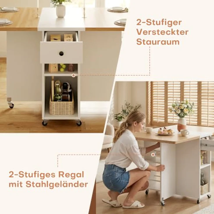 Jocoevol Platzsparender klappbarer Esstisch für 4 Personen, Klappbarer Esstisch mit Schublade und Ablagefach,Küchen und Esszimmertisch mit Rollen und Ausklappbarer Tischplatte für Kleine Räume-Weiß – Bild 8