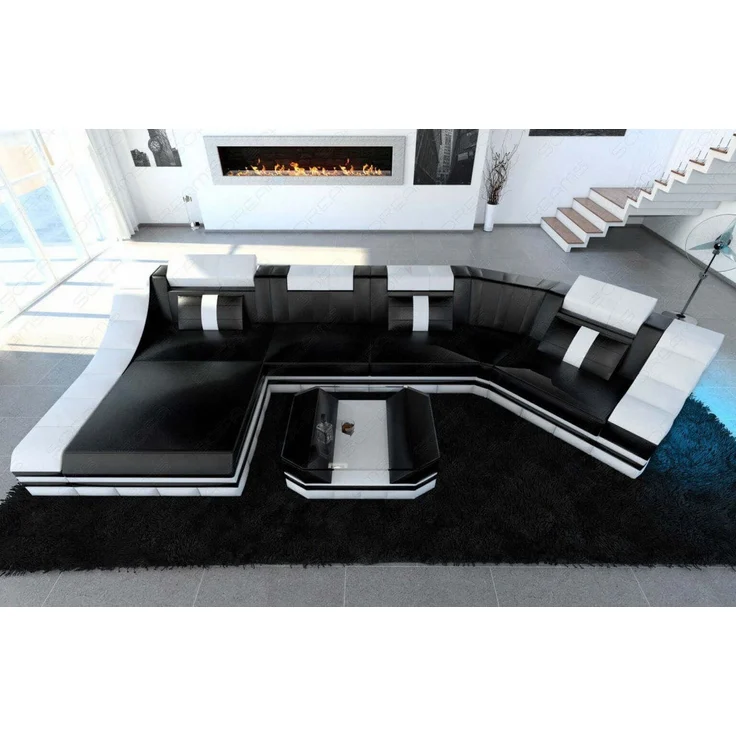 Sofa Dreams - Mini Luxus Wohnlandschaft Turino C-Form mit LED - Echtleder - Schwarz-Weiß - Links – Bild 7