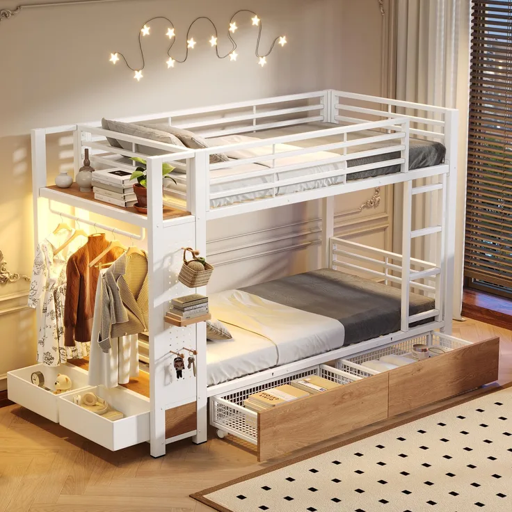 Etagenbett,,90x 200 cm,,Eisenrahmen,4 Schubladen, mehrere Ablageflächen,,mit LED-Lichtleiste,,mit Kleiderstange,Matratze nicht im Lieferumfang enthalten,EN747-zertifiziert,Weiß
