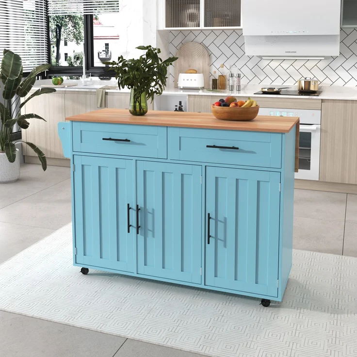 129x46(71)x91,5 cm großer Speisewagen/Sideboard, Arbeitsplatte mit Massivholzmaserung + blauer Schrank/faltbare Arbeitsplatte/Aufbewahrungstür-Design/Räder/Massivholzfüße umschaltbar/für Zuhause geeig – Bild 3
