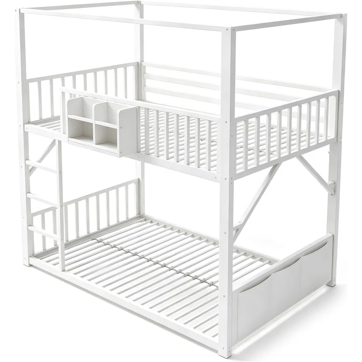 Metall-Etagenbett 90 x 200 cm für Kinder und Jugendliche, platzsparendes Einzelbettgestell mit Dachkonstruktion, Modernes Kinderetagenbett Weiß – Bild 9