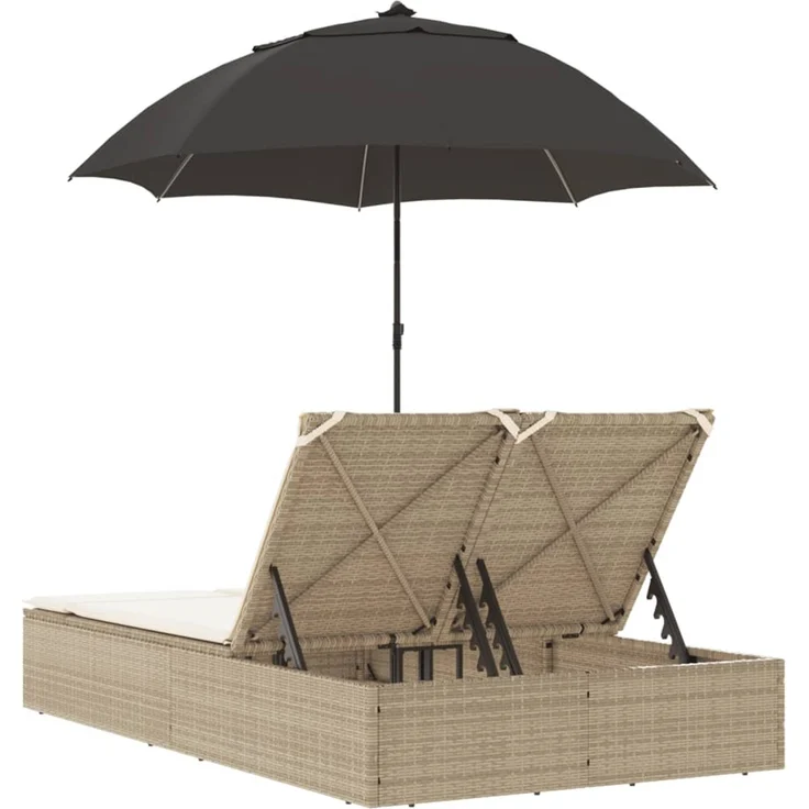 Doppel-Sonnenliege, Gartenliege mit Kissen & Sonnenschirm Beige Poly Rattan – Bild 6
