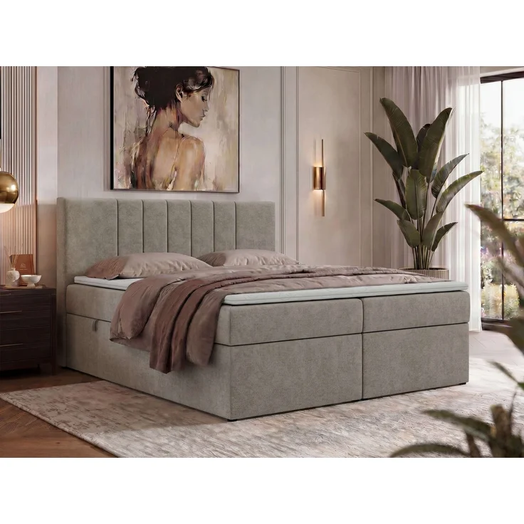 Boxspringbett INERO 180 x 200 mit Matratze H4 und Topper Visco, 7-Zonen-Multipocket-Kern, zwei Bettkästen, Doppelbett, gepolstert Kopfteil - Greige Stukture – Bild 1