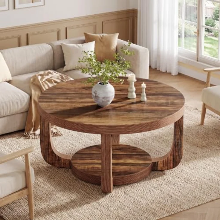 LITTLE TREE Runder Couchtisch 80 cm, 2-stöckiger Wohnzimmertisch mit Ablage | Landhausstil Kaffeetisch, Holz‑Optik Tisch für Wohnzimmer, Schlafzimmer und Lounge – Bild 5