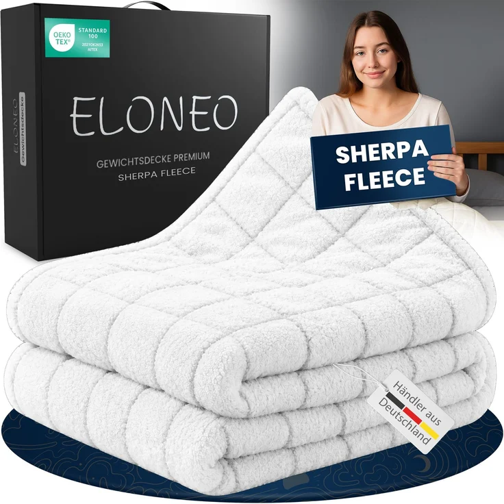 ELONEO Sherpa Fleece Gewichtsdecke 155x220cm 7kg, Oeko-Tex Zertifiziert, Entspannungsdecke & Anti-Stress Therapiedecke, schwere Decke zum Schlafen, weiß – Bild 1