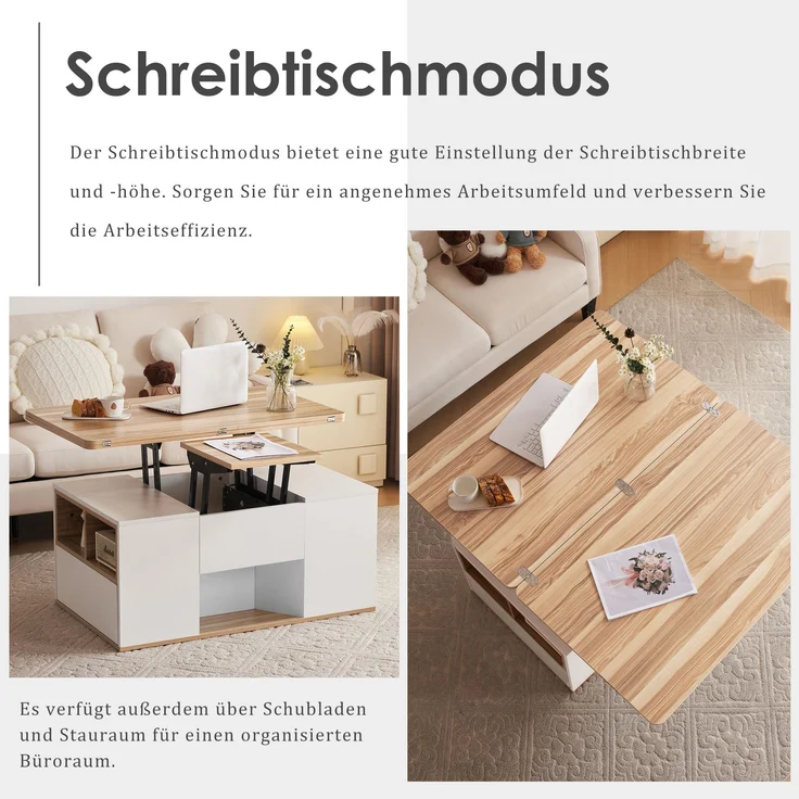 Höhenverstellbarer Couchtisch, Weiß & Holz, 100x51x47 cm, mit 2 Schubladen – Bild 7