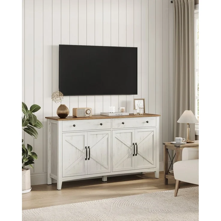 Vasagle Küchenschrank, mit Schubladen und Türen, verstellbare Ablage, Holz/Stahl, vintageweiß-honigbraun, 40 x 140 x 80 cm – Bild 2