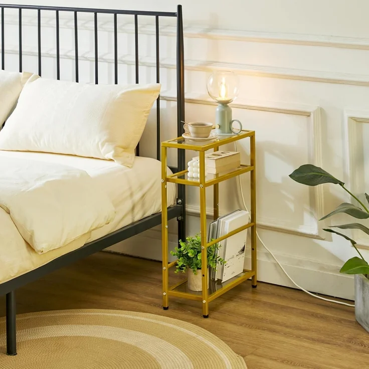 Beistelltisch Glastisch Zeitschriftenhalter 3 Etagen Sofa Goldfarben – Bild 2