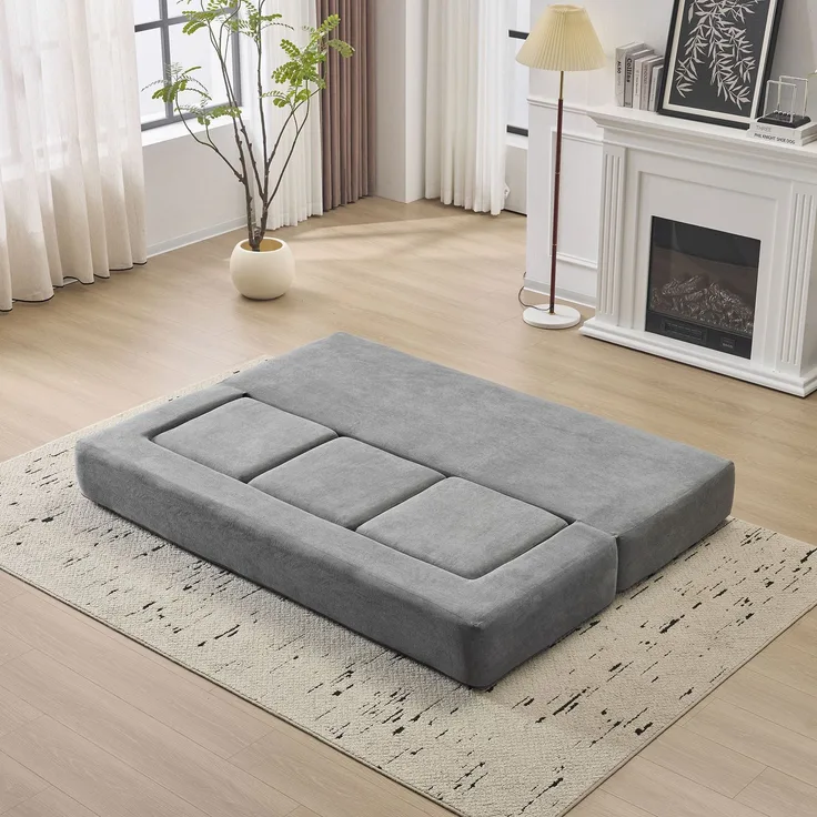Wohnora-Ebern Designs Wandelbares Sofagarnitur mit 3 Fußstützen – Bett aus hochelastischem Schaumstoff, platzsparendes Chenille-Bodensofa für Studio-Apartments und Heimbüros Grau,H 50cm x T 201cm x B 755cm,Grau