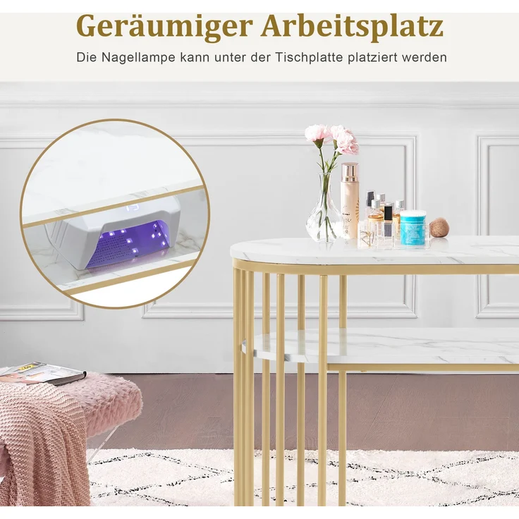 M MCombo Schreibtisch ohne Schubladen, Schminktisch ohne Spiegel Marmor-Weiß Gold, Manikürtisch, Nageltisch aus Holz Metallgestell, Computertisch Wohnzimmer Modern, 2482 – Bild 4