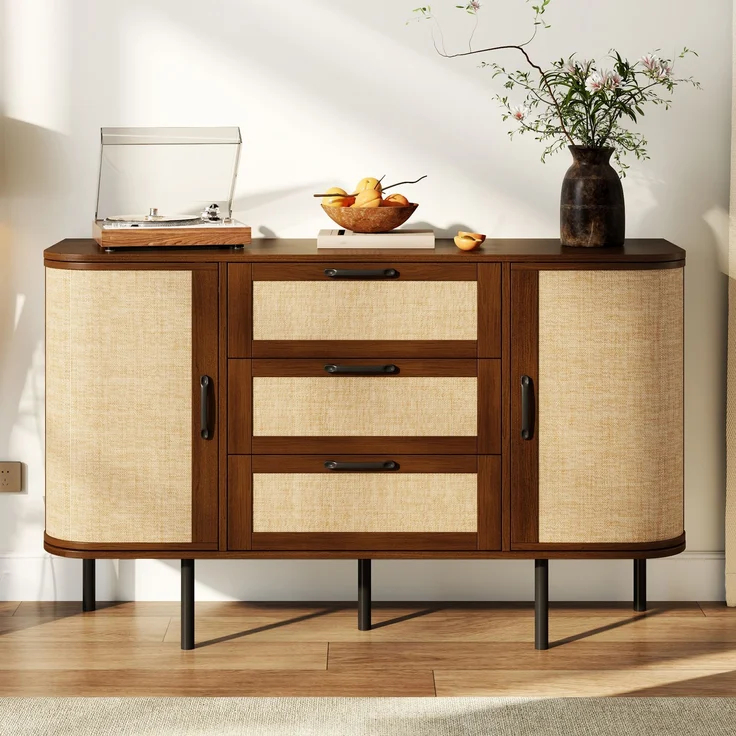 Flieks Sideboard 120 x 40 x 82 cm mit 2 Türen, 3 Schubladen, Geflechtfronten und verstellbaren Einlegeböden, Walnussholzoptik – Bild 2