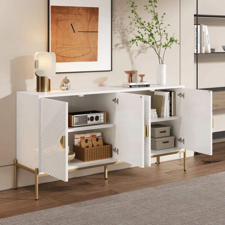 DESVIAE Sideboard mit 4 Türen und Metallbeinen 162x80x40 cm MDF/Spanplatte Weiß – Bild 5