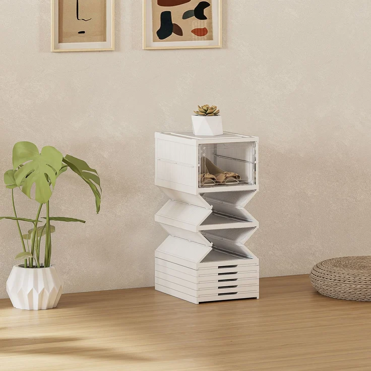 8-stufiges Schuhregal, Schuhschrank, faltbar, belüftete Rückseite, Kunststoff, Weiß--Weiß--140x26x35cm--YOUDENOVA – Bild 10