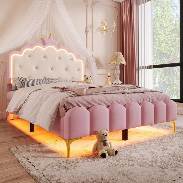 Prinzessinnenbett Kinderbett 140x200 rosa mit LED-Ambientebeleuchtung Metallfüße Kunstleder Polsterbett – Bild 2