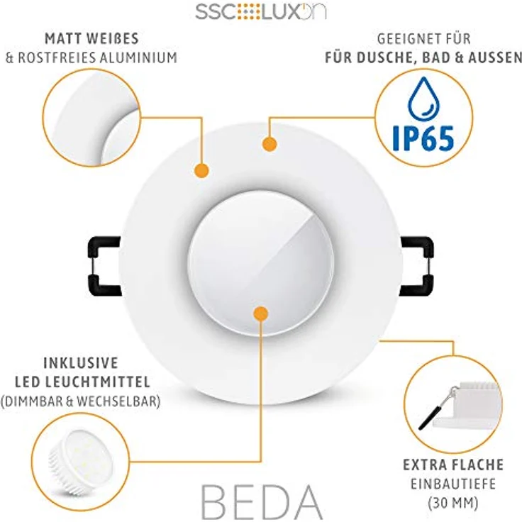 SSC-LUXon BEDA LED Einbauspot, dimmbar, IP65, 3CCT Lichtfarbe, rund, weiß, für Dusche & Außen, 230V, 6W – Bild 4