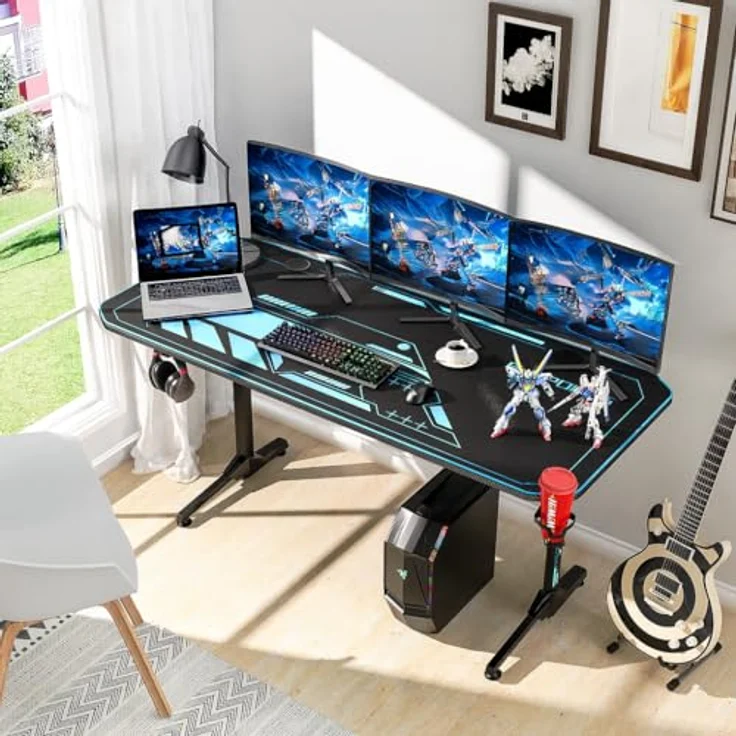 Himimi 160cm Gaming Schreibtisch, 160 x 75 x 75 cm Ergonomischer Trust Gaming Tisch, T-Form PC Gamer Computertisch mit großer pad, Becherhalter, Kopfhörerhaken, Kabelmanagement & Gaming Griffgestell – Bild 8