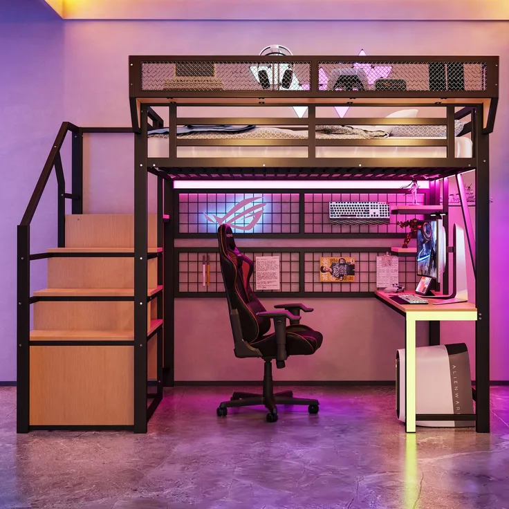 Merax Hochbett 140 × 200 cm, Kinderbett Jugendbett, Mit Schreibtisch, Regal und Aufbewahrungsnetz, Komplett Mit Sicherheitsleiter, LED-Beleuchtung und Steckdose, Erhöhtem Geländer, Schwarz
