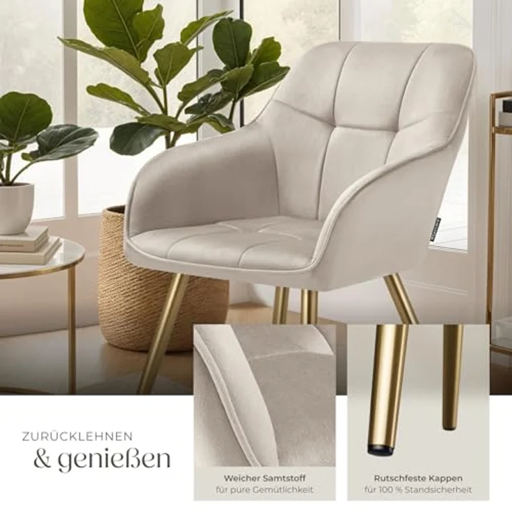 tectake Esszimmerstuhl Polstersessel gepolstert, in Samtoptik, gesteppt, 58 x 62 x 82 cm (Küchenstuhl Marilyn in taupe/gold, 4 St), schlanke, goldene Stahlbeine, bodenschonend, Belastbarkeit 120 kg – Bild 7