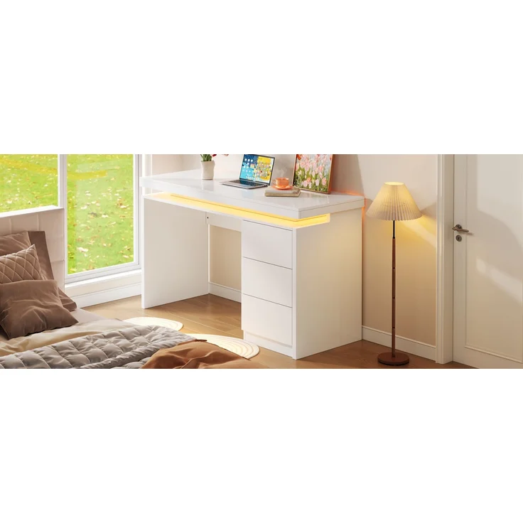 Schreibtisch mit LED-Beleuchtung und 3 Schubladen, 120x50x78,5 cm, Weiß – Bild 7