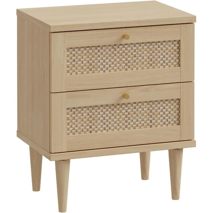 FORTE Calasetta Nachttisch 50 cm Boho Stil Wiener Geflecht Nachtschrank mit 2 Schubladen Holz Dekor: Elegancia Eiche/Technorattan, 50 cm breit x 61 cm hoch x 35 cm tief