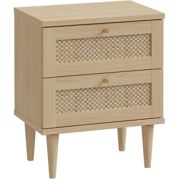 FORTE Calasetta Nachttisch 50 cm Boho Stil Wiener Geflecht Nachtschrank mit 2 Schubladen Holz Dekor: Elegancia Eiche/Technorattan, 50 cm breit x 61 cm hoch x 35 cm tief