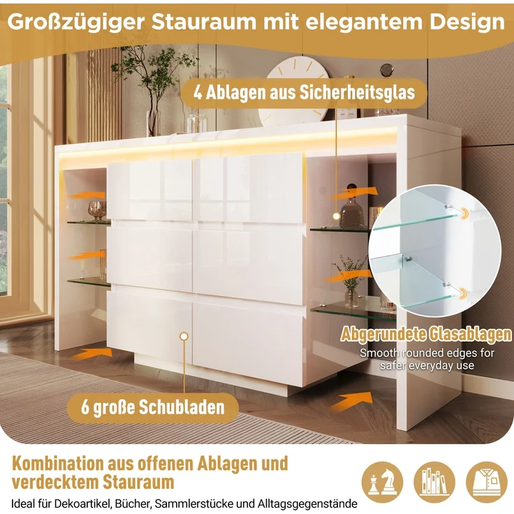 DESVIAE Sideboard Hochglanzweiß aus MDF/Spanplatte/Glas – 155x80x40 cm – 6 Schubladen, LED-Beleuchtung – Bild 6