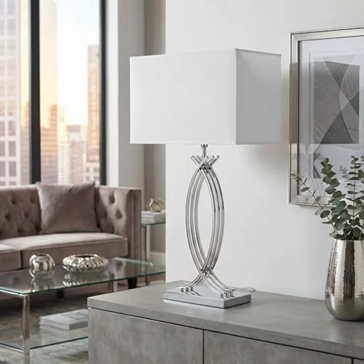 Arnusa Tischleuchte große Tischlampe 74 cm Chrom weißer Schirm Dekoleuchte E27, ohne Leuchtmittel, edle Lampe Chrom – Bild 4