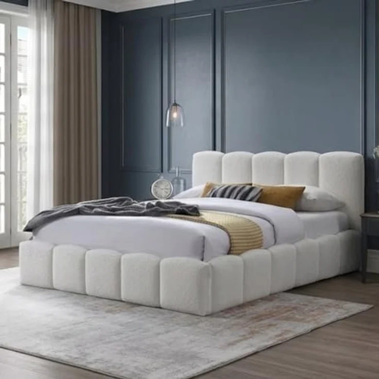 Home Collective Polsterbett Doppelbett mit Lattenrost, gepolstertes Kopfteil, Bouclé-Look, Creme, 160x200 cm – Bild 1