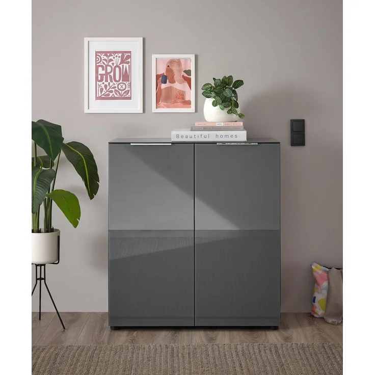 Kommode SANTORIN Anthrazit mit Glasfront, Schrank Korpus in Anthrazit mit Oberboden in Glas-mit viel Stauraum für Ihren Wohnbereich - 90 x 99 x 40 cm (B/H/T) – Bild 2