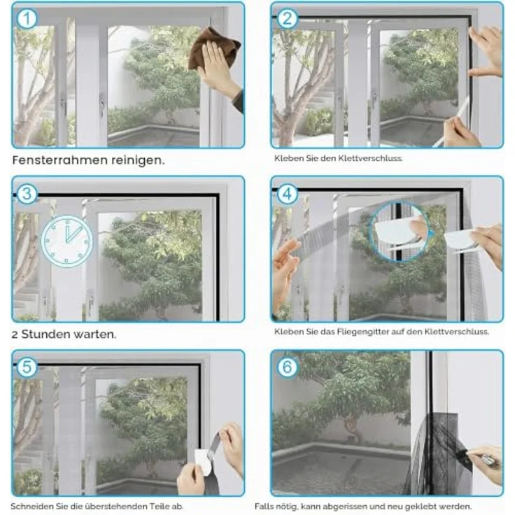 Fliegengitter Fenster 2er Set 150 x 155 cm | DIY zuschneidbar ohne Bohren, Klebemontage | Insektenschutz Fenster Fliegenvorhang Moskitonetz | mit Schneidewerkzeug | transparent, feinmaschig, Schwarz – Bild 6